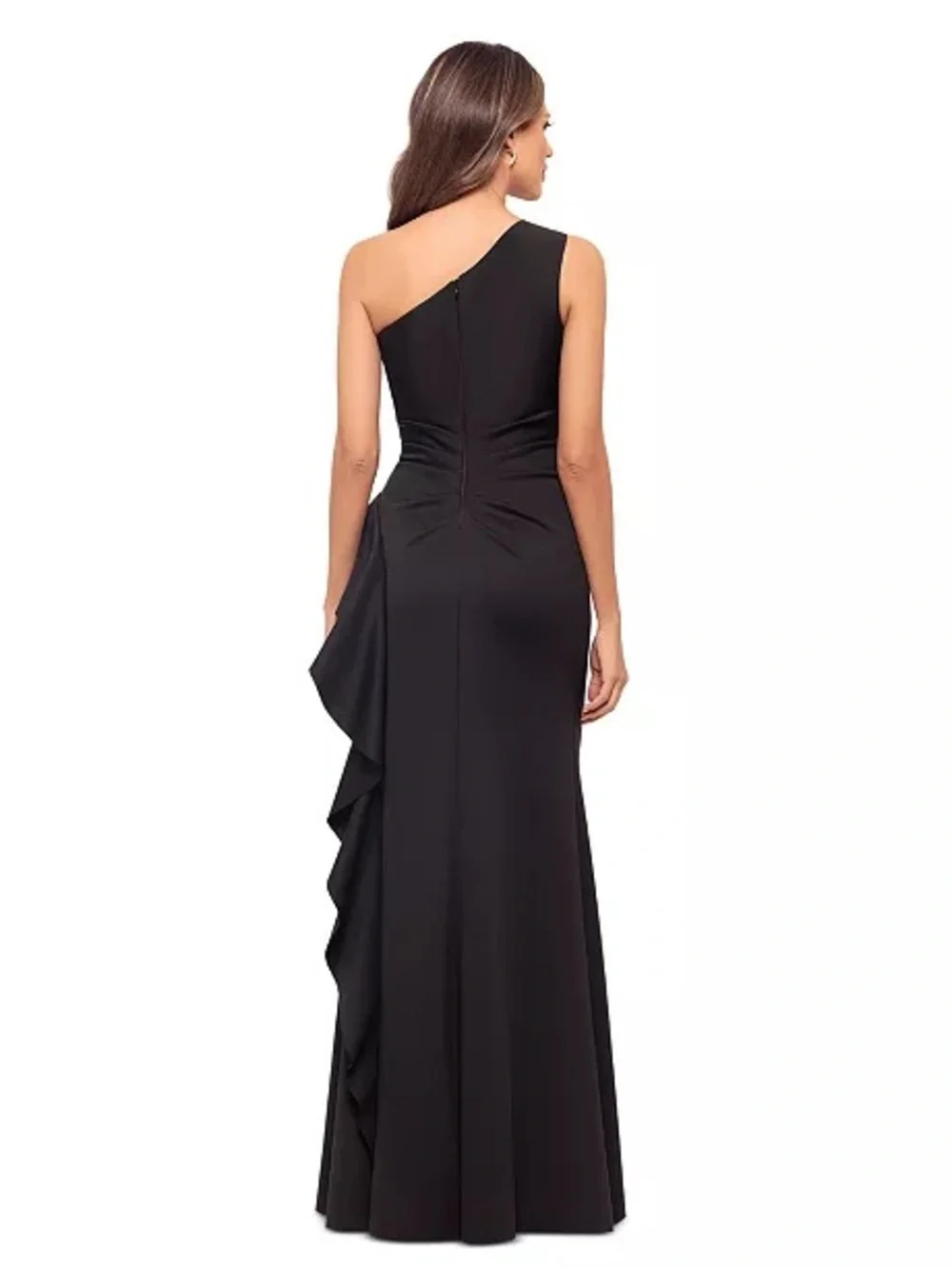 Xscape Flo Long Techno Scuba One Shoulder Ruffle Dress Black Size 10 NWT - Picture 2 of 6